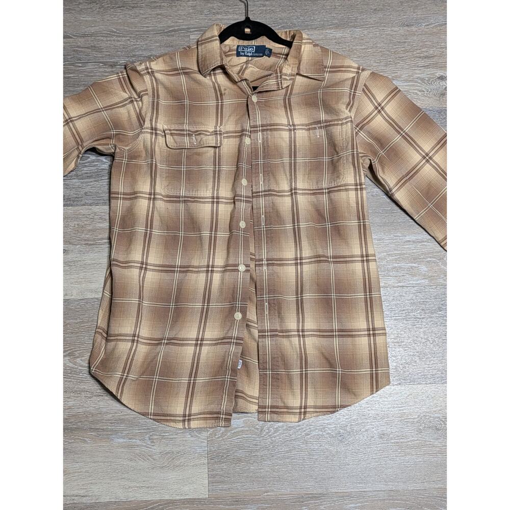 Vintage Polo Ralph Lauren Blue Label Flannel Shirt Men's Large Brown Tan Plaid